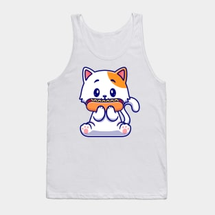 Cute Cat Eating Hotdog Cartoon Tank Top